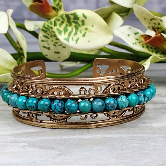 Boho Festival Bronze Round Turquoise Beaded Cuff - Picture 2 of 9
